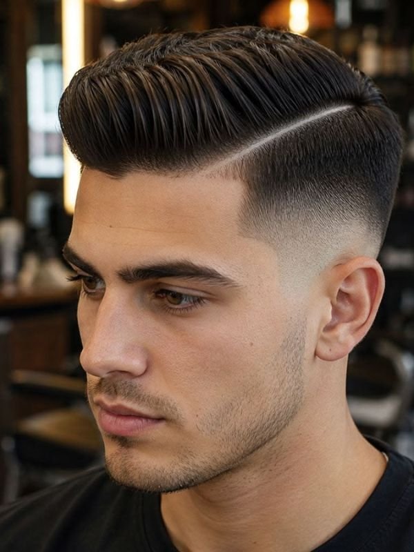 Mid fade with a hard part