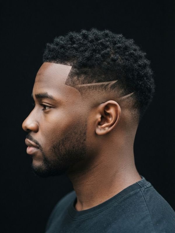 Taper fade with a short temple slash